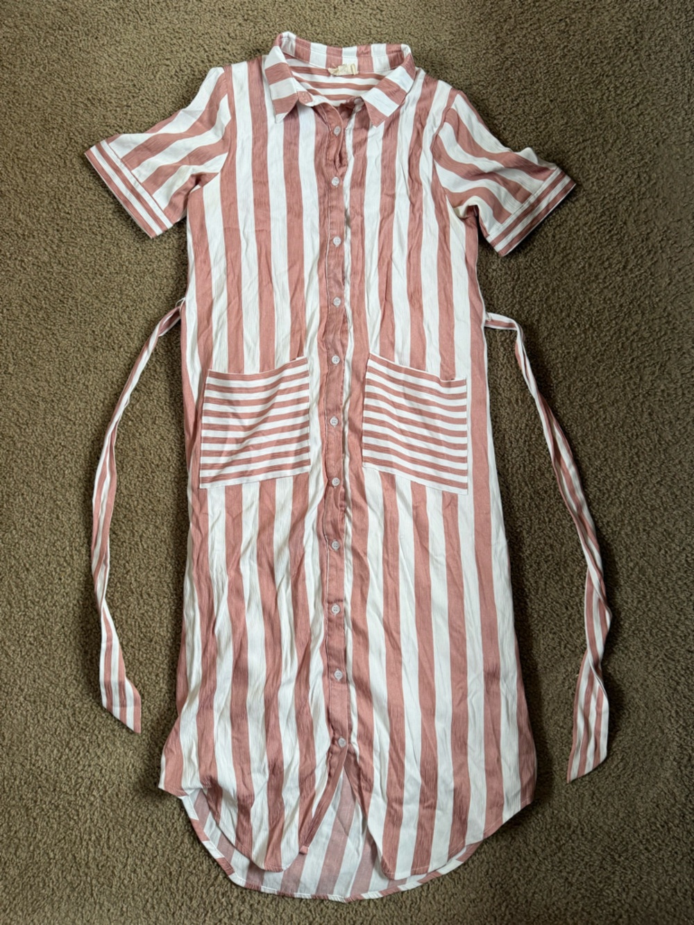 orange creek Pink and White Striped Button-Front Shirt Dress
